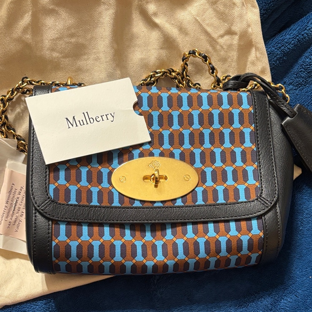 Mulberry Lily Geometric Blue and Brown Bag with Gold Accent
